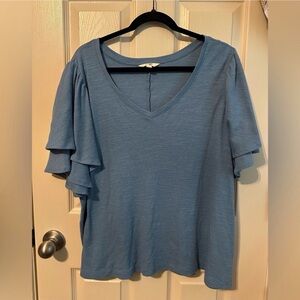Terra & Sky Blue V-Neck Ruffle Sleeve Blouse